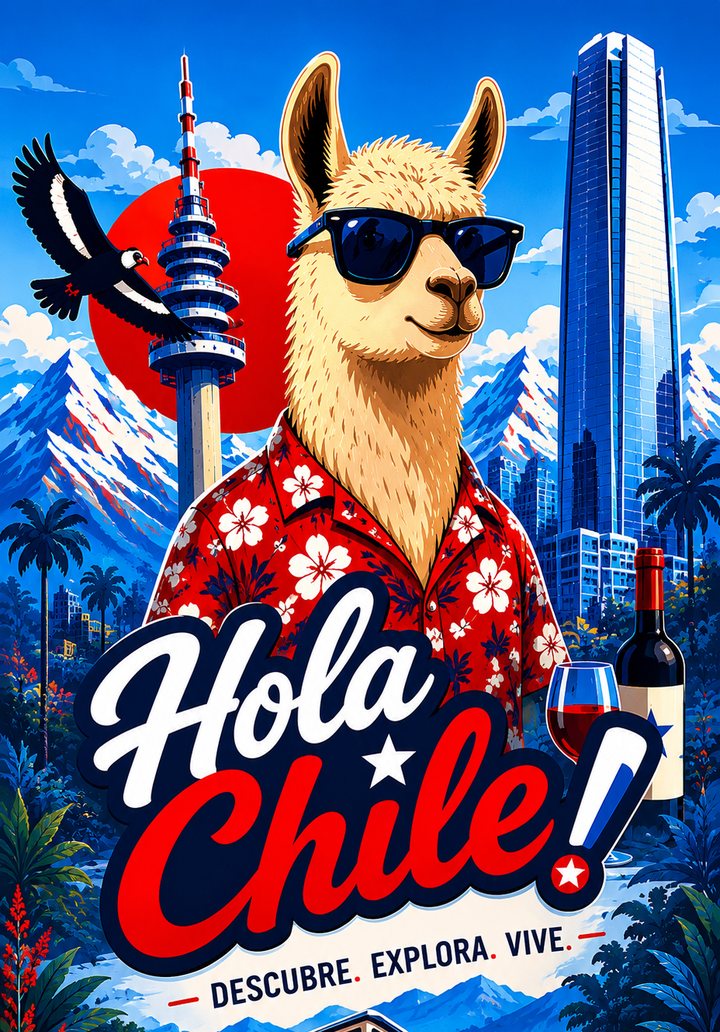 Ilustración de Hola Chile: llama con lentes de sol frente a los Andes